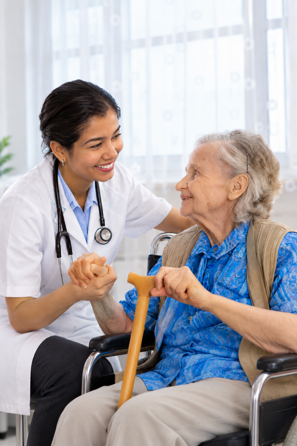 Compassionate Caregiver Connection Compassionate healthcare provider assisting elderly patient in a medical setting.