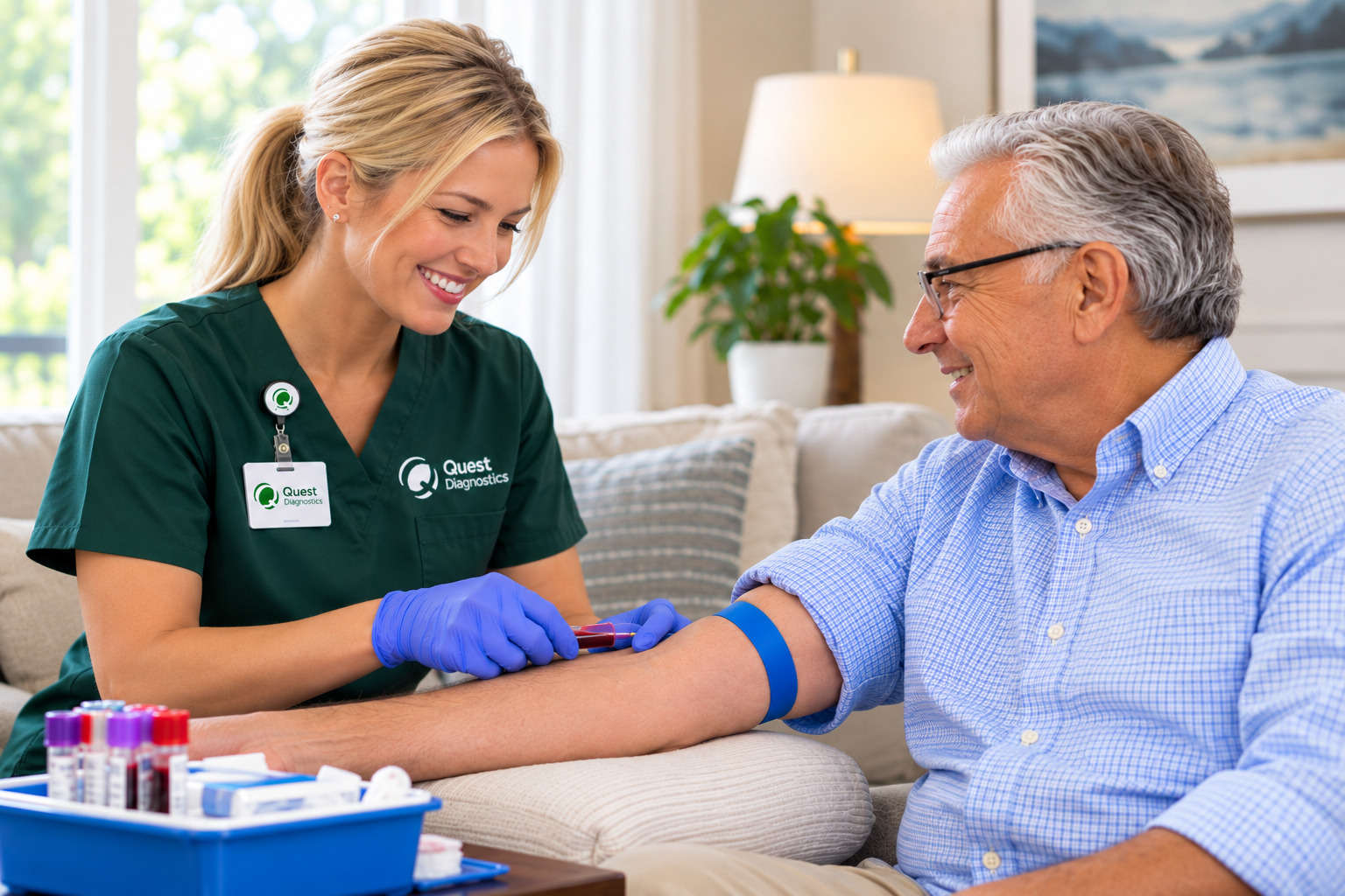 Mibile Phlebotomy Services Quest Diagnostics laboratory technician preparing blood samples for mobile phlebotomy