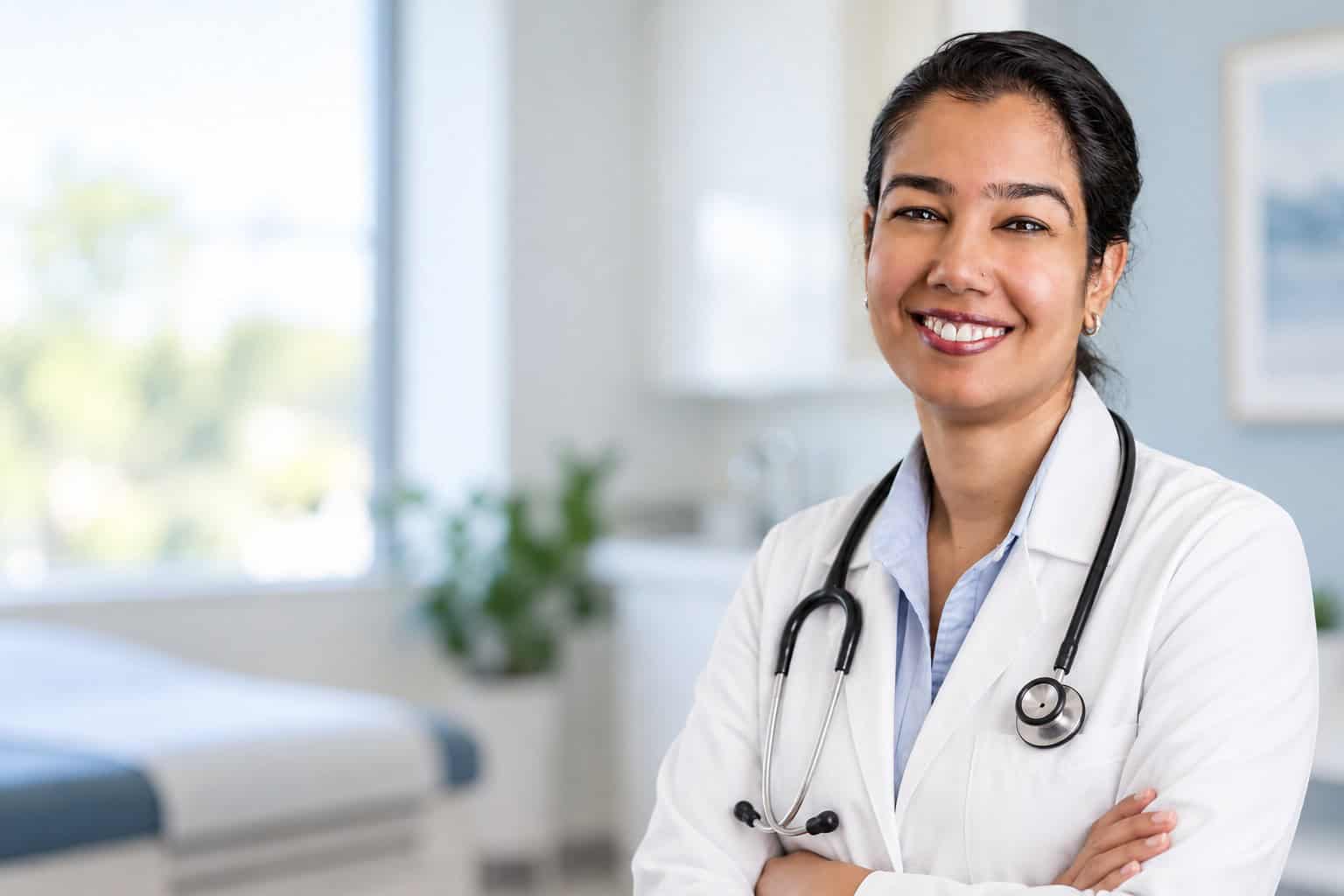 Smiling Doctor in a Bright Clinic Smiling female doctor in white coat with stethoscope in clinic setting.