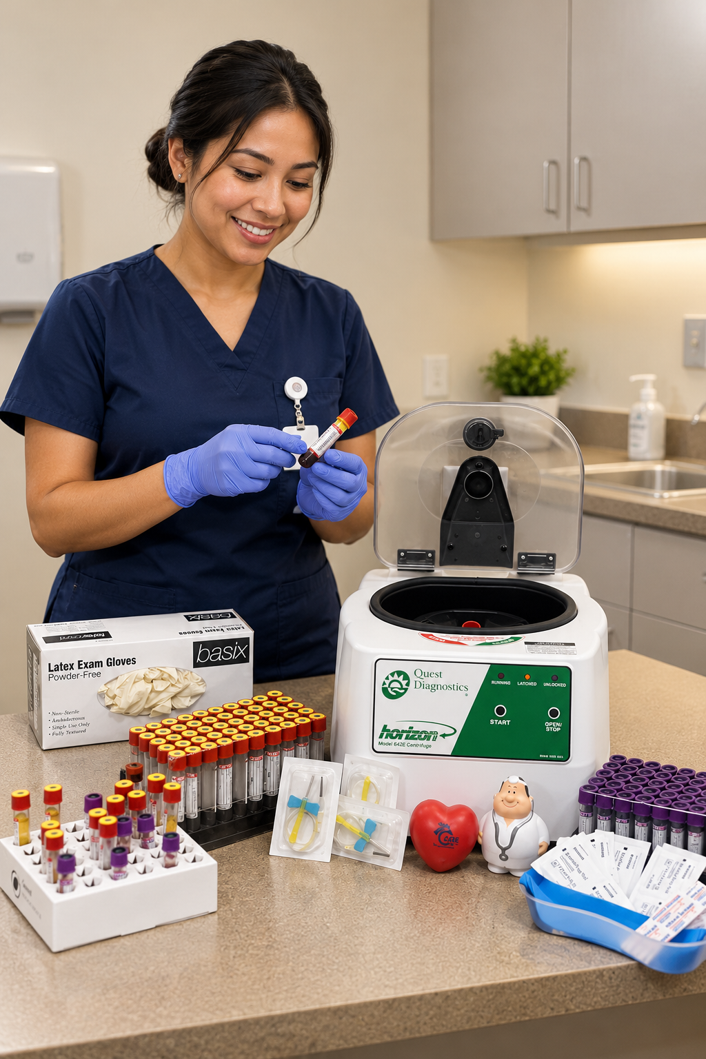 Smiling Phlebotomist Preparing Blood Samples Quest Diagnostics laboratory technician preparing blood samples for mobile phlebotomy